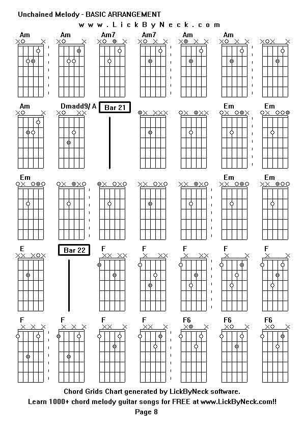 Chord Grids Chart of chord melody fingerstyle guitar song-Unchained Melody - BASIC ARRANGEMENT,generated by LickByNeck software.